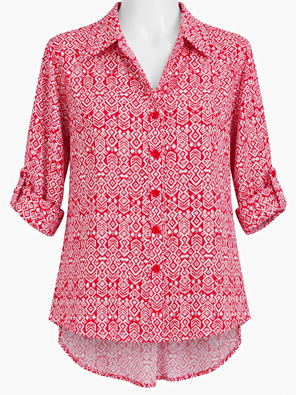 Velvet Heart Blouse Womens XL Pink White Geometric Woven Button Up 3/4 Sleeve